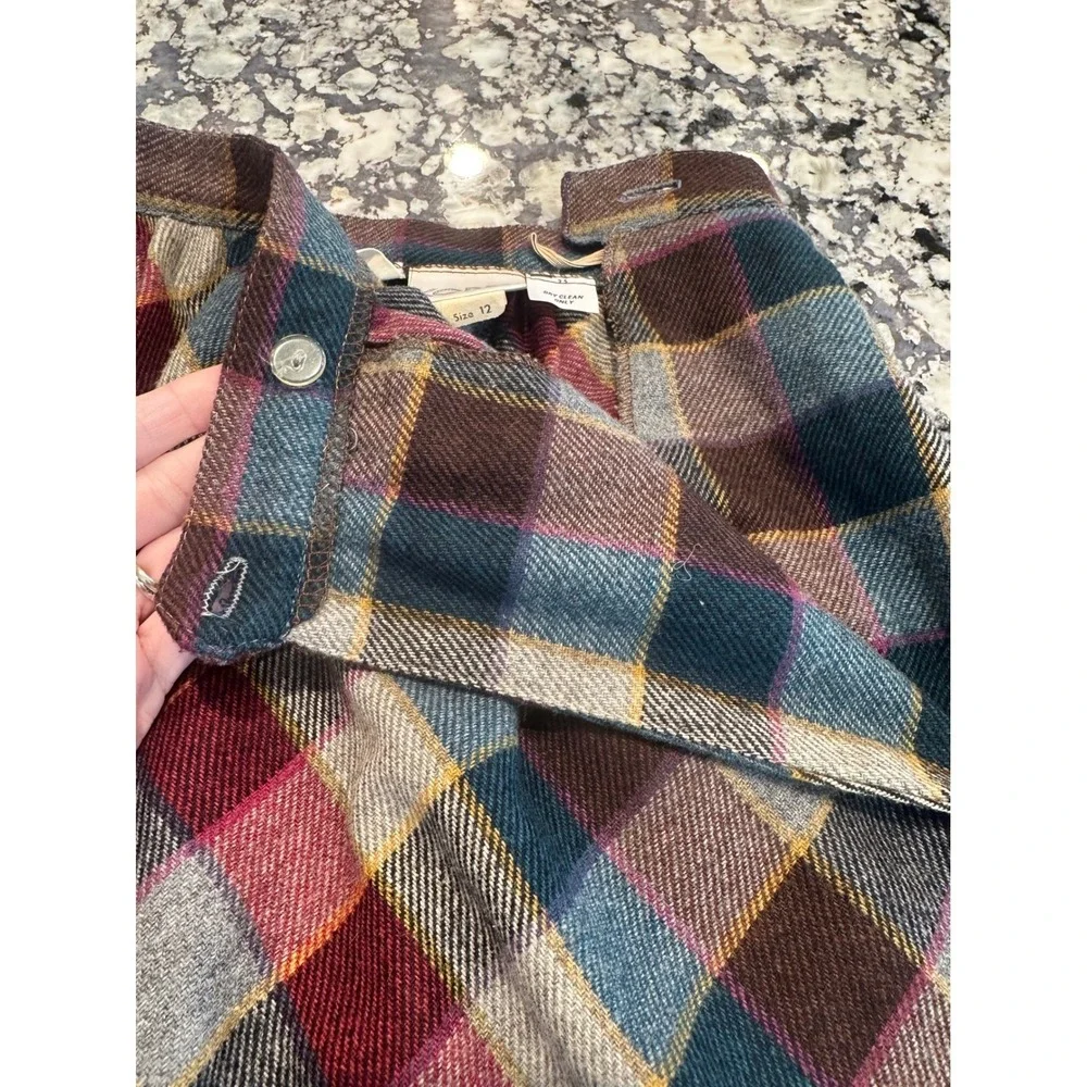Vintage Koret Plaid Wool Blend Midi Skirt Burgundy Teal Made in USA Size 25 inch